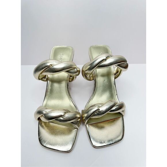 Open‎ Edit Sandals Womens Size 6.5 Gold Braided Double Strap Slip On Heels - Picture 3 of 8